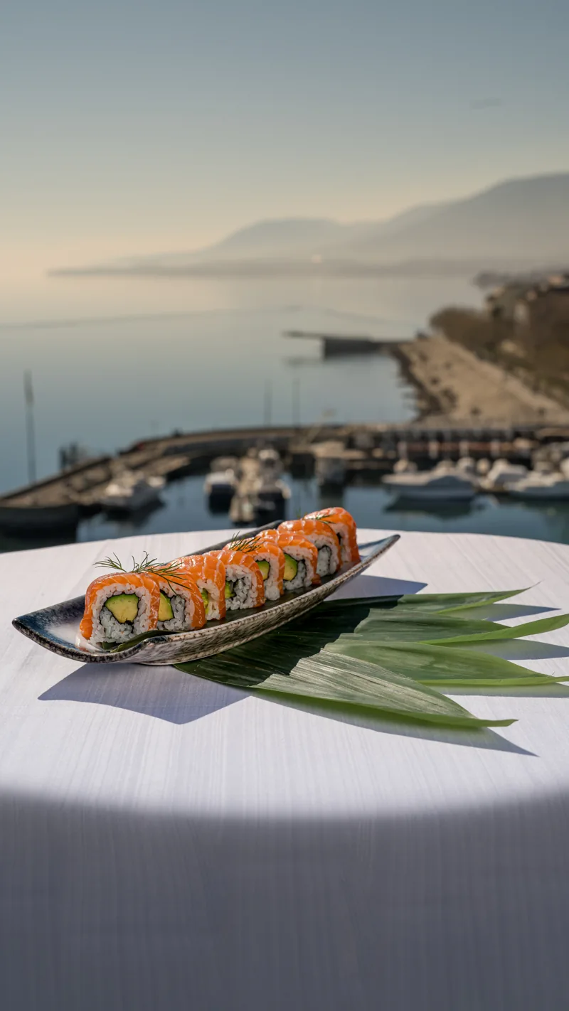 Une assiette de sushis dressée face au lac à la lumière du soir